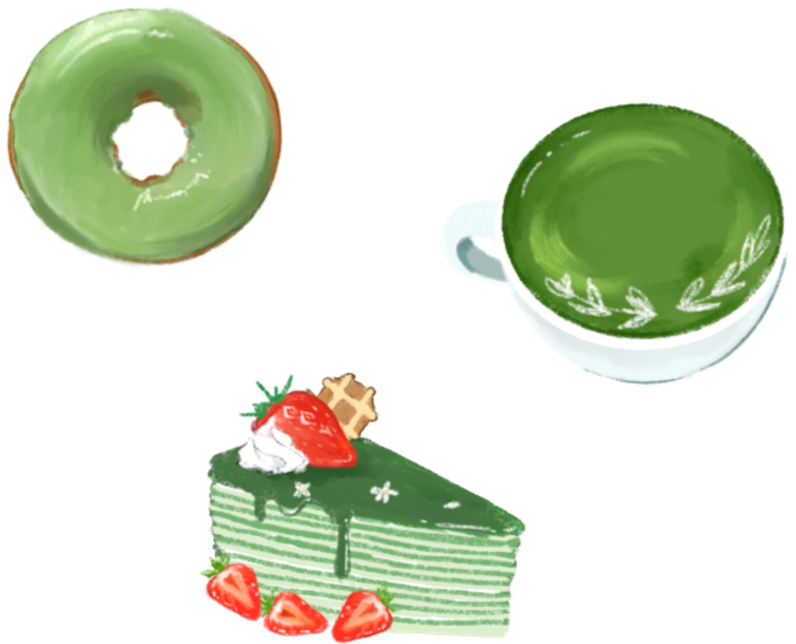 Matcha Donut, Latte, and Crepe Cake